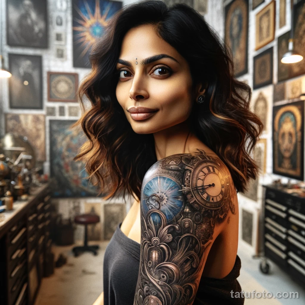 2023-11-03 07.35.12 - Photo of a woman of Indian descent with mid-length wavy hair, in an art-filled tattoo studio - tatufoto.com 09