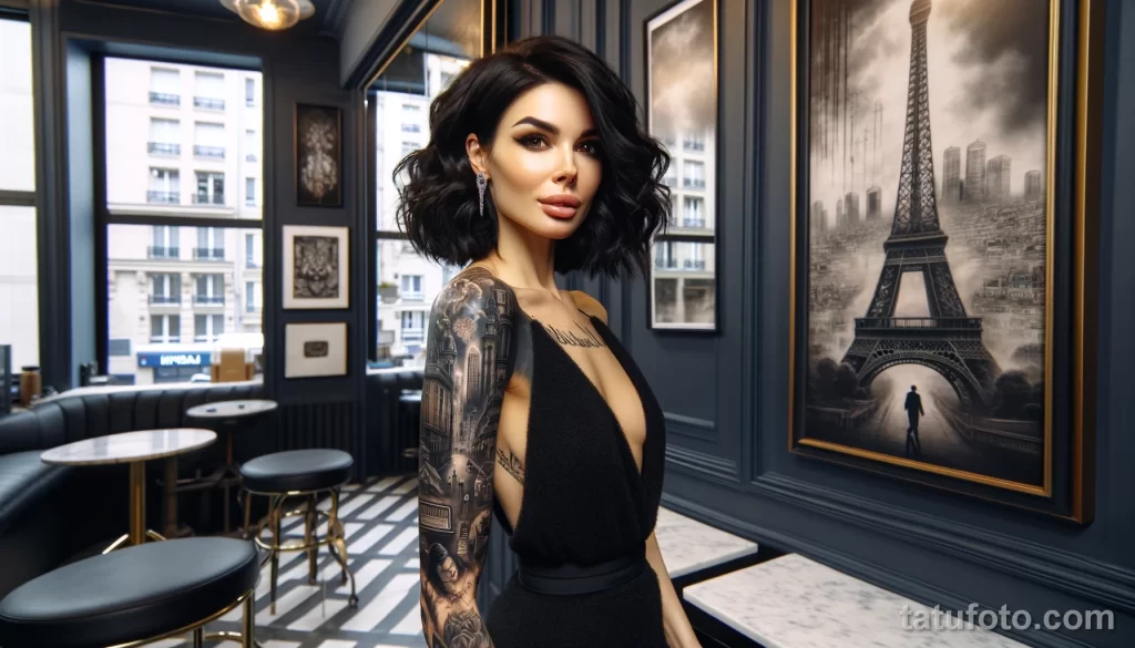 2023-11-03 07.35.38 - Photo of a woman with a dark complexion and long, curly black hair, standing full-length in a chic Parisian tattoo parlor - tatufoto.com 12