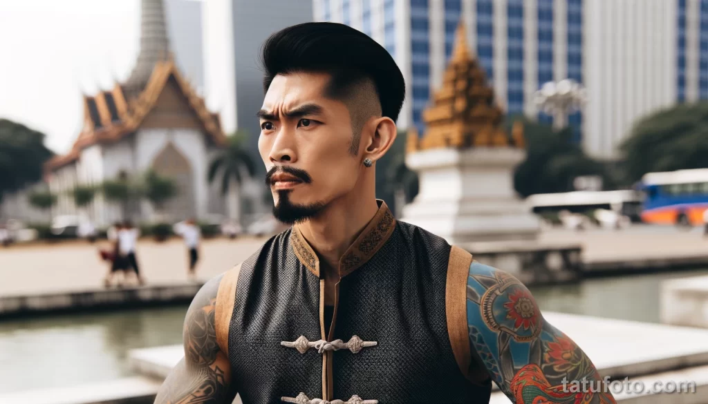 3 A strong Asian man in full body view, with cool tattoos on his body, posing in a city square and showing off his tattoo designs, dressed in elements o - 08112023 tatufoto.com 10