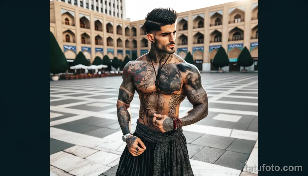 3 A strong Iranian man in full body view, with cool tattoos on his body, posing in a city square and showing off his tattoo designs, dressed in elements - 08112023 tatufoto.com 11