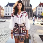 4 A beautiful French girl in full body view, dressed in short traditional clothing, with cool tattoos on her body, posing in a generic city square - 08112023 tatufoto.com 13