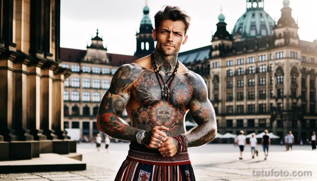 4 A strong American man in full body view, with cool tattoos on his body, posing in a city square and showing off his tattoo designs, dressed in element - 08112023 tatufoto.com 14