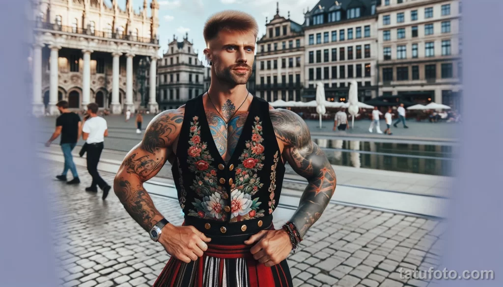4 A strong European man in full body view, with cool tattoos on his body, posing in a city square and showing off his tattoo designs, dressed in element - 08112023 tatufoto.com 15