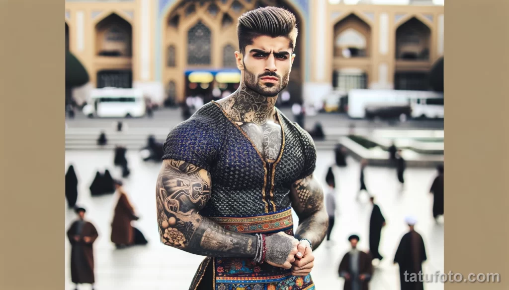 4 A strong Iranian man in full body view, with cool tattoos on his body, posing in a city square and showing off his tattoo designs, dressed in elements - 08112023 tatufoto.com 16