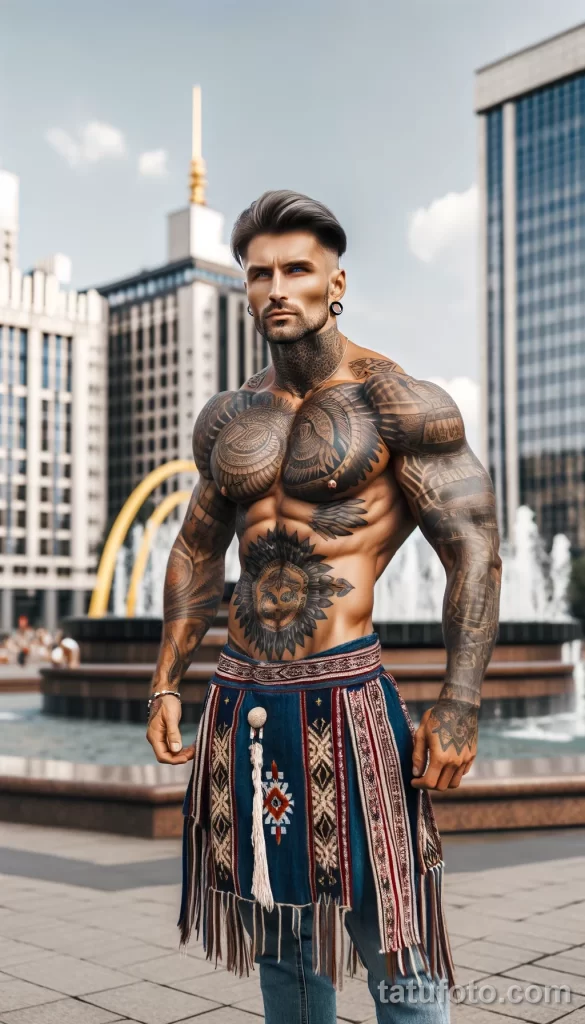 5 A strong American man in full body view, with cool tattoos on his body, posing in a city square and showing off his tattoo designs, dressed in element - 08112023 tatufoto.com 18