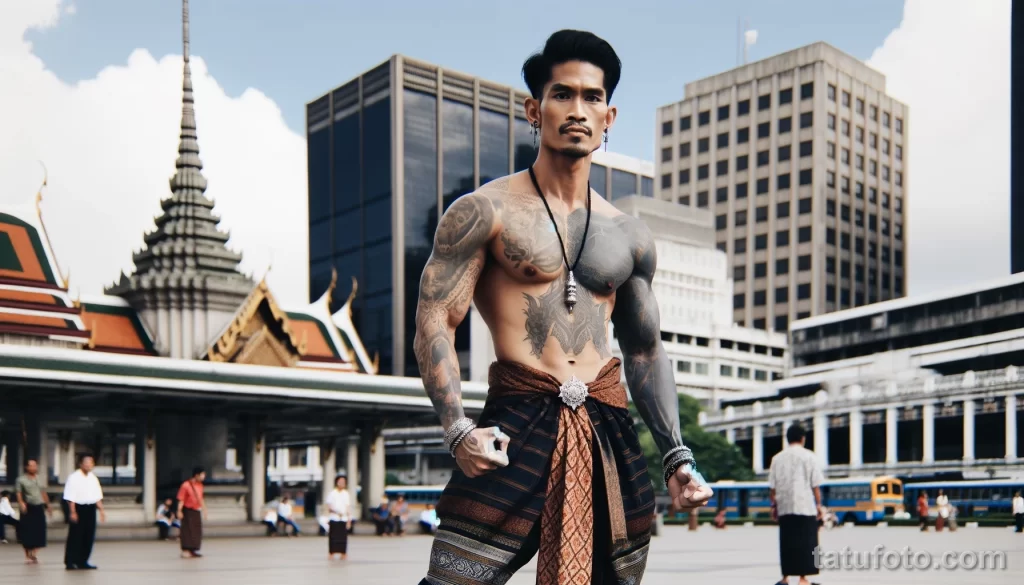 5 A strong Thai man in full body view, with cool tattoos on his body, posing in a city square and showing off his tattoo designs, dressed in elements of - 08112023 tatufoto.com 19