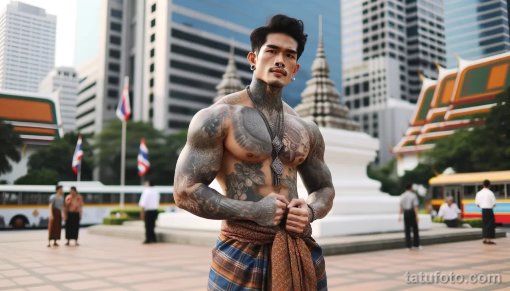 6 A strong Thai man in full body view, with cool tattoos on his body, posing in a city square and showing off his tattoo designs, dressed in elements of - 08112023 tatufoto.com 21