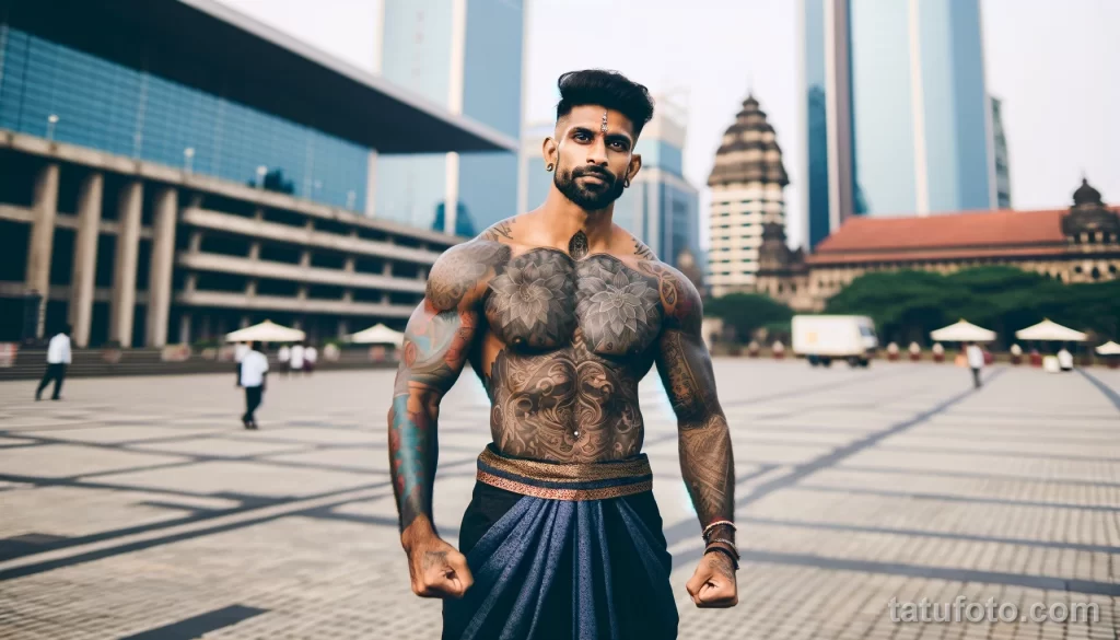 7 A strong Indian man in full body view, with cool tattoos on his body, posing in a city square and showing off his tattoo designs, dressed in elements - 08112023 tatufoto.com 23