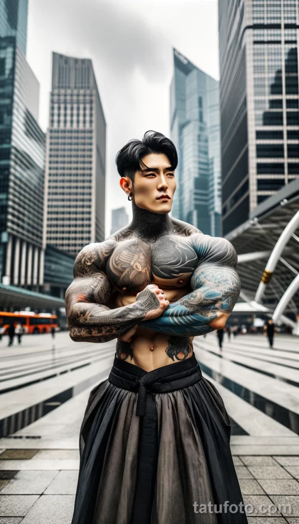 7 A strong Korean man in full body view, with cool tattoos on his body, posing in a city square and showing off his tattoo designs, dressed in elements - 08112023 tatufoto.com 24