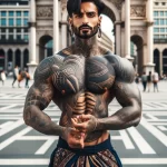 8 A strong Indian man in full body view, with cool tattoos on his body, posing in a city square and showing off his tattoo designs, dressed in elements - 08112023 tatufoto.com 26