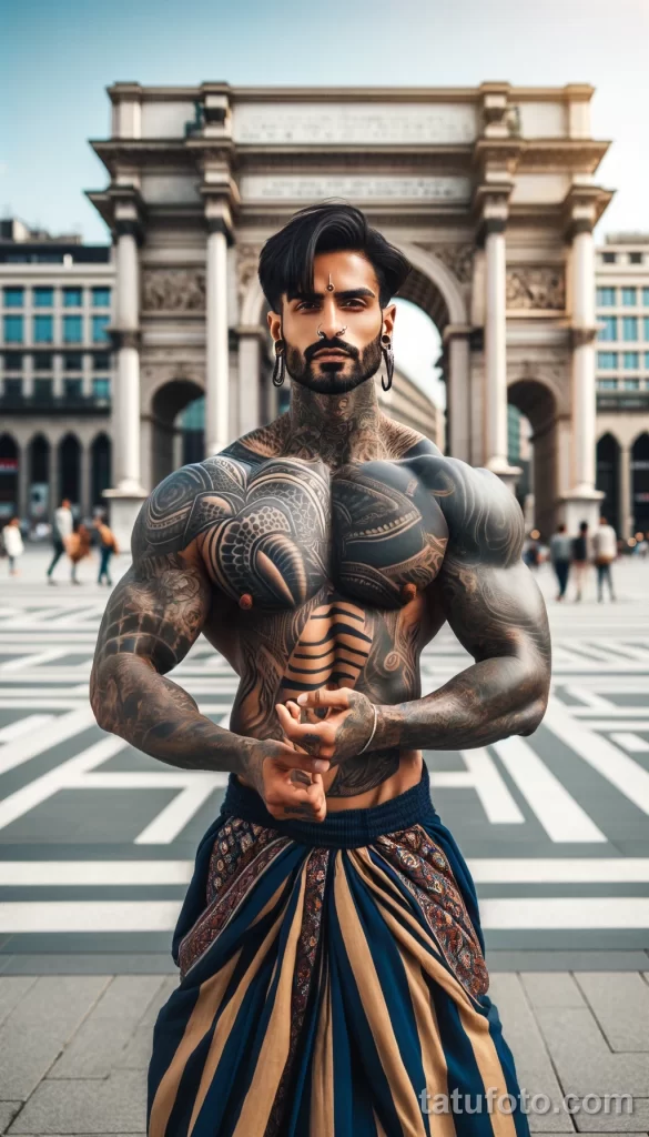 8 A strong Indian man in full body view, with cool tattoos on his body, posing in a city square and showing off his tattoo designs, dressed in elements - 08112023 tatufoto.com 26