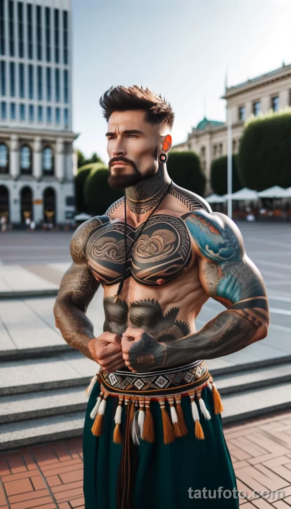 8 A strong New Zealander man in full body view, with cool tattoos on his body, posing in a city square and showing off his tattoo designs, dressed in el - 08112023 tatufoto.com 27
