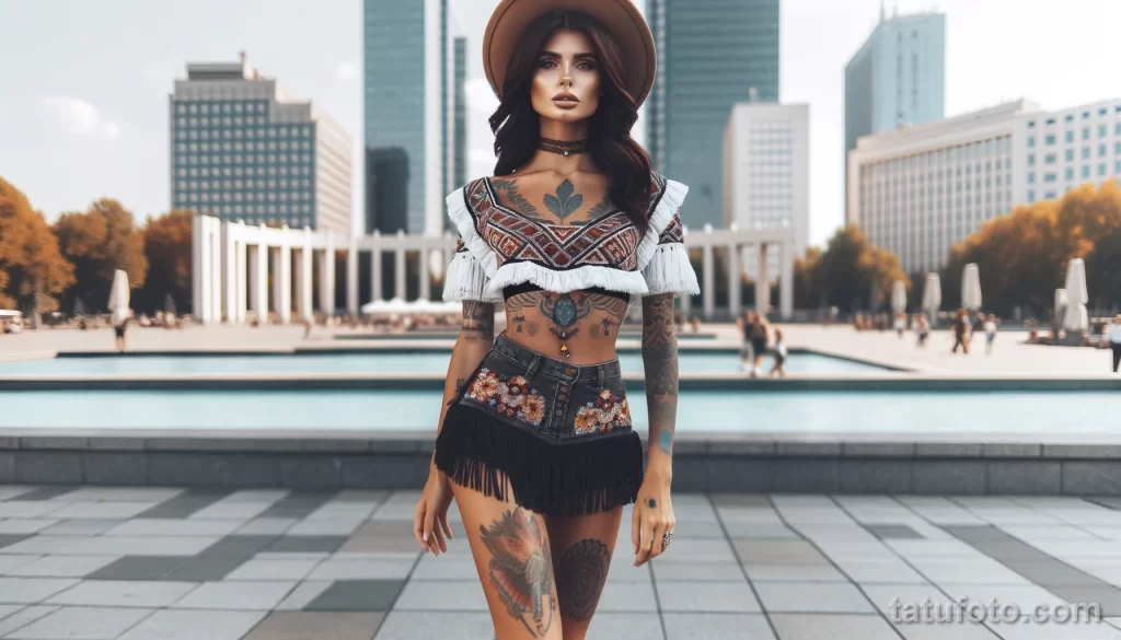 9 A beautiful American girl in full body view, dressed in short traditional clothing, with cool tattoos on her body, posing in a generic city square set - 08112023 tatufoto.com 28