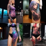 A beautiful girl in short clothes with beautiful realistic tattoos on her body shows UV tattoos in the modern world 1 10112023 tatufoto.com 01