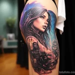 A beautiful girl in short clothes with beautiful realistic tattoos on her body shows UV tattoos in the modern world 4 10112023 tatufoto.com 04