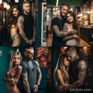 Коллаж из фотографий пары с детализированными татуировками, демонстрирующими их любовь друг к другу и страсть к тату-искусству.