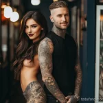 Фотография пары с детализированными татуировками на руках и шее, демонстрирующими смелый и современный стиль.