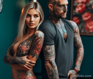 Фотография пары с детализированными татуировками в стиле реализм, акцент на цветочных мотивах на руке девушки и сложных узорах на теле мужчины.