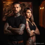 A beautiful girl with a tattoo shows a man with tattoos that a tattoo can harm the skin and health 2 09112023 tatufoto.com 007