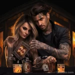 Фото тату на руках и телах мужчины и женщины, играющих в карты. Татуировки выполнены в темных тонах с акцентом на розы и черепа.