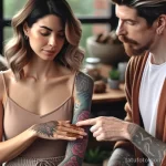 A beautiful woman with a tattoo is demonstrating to a man with tattoos the long-term changes in skin condition 1 09112023 tatufoto.com 011