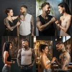 A beautiful woman with a tattoo is demonstrating to a man with tattoos the long-term changes in skin condition such as texture, color, and sensitivity 1 09112023 tatufoto.com 012