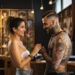 A beautiful woman with a tattoo is demonstrating to a man with tattoos the long-term changes in skin condition such as texture, color, and sensitivity 2 09112023 tatufoto.com 013