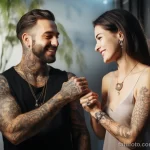 A beautiful woman with a tattoo is demonstrating to a man with tattoos the long-term changes in skin condition such as texture, color, and sensitivity 4 09112023 tatufoto.com 015