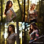 A beautiful woman with an intricate sleeve tattoo of floral designs standing in a sunlit forest 1 - 07,11,2023 tatufoto.com