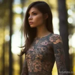 A beautiful woman with an intricate sleeve tattoo of floral designs standing in a sunlit forest 4 - 07,11,2023 tatufoto.com