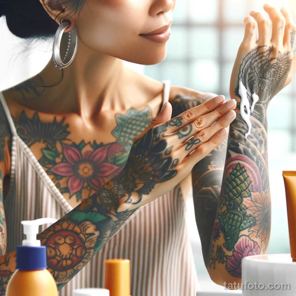 A beautiful woman with tattoos is demonstrating long-term care for tattooed skin 1 09112023 tatufoto.com 017