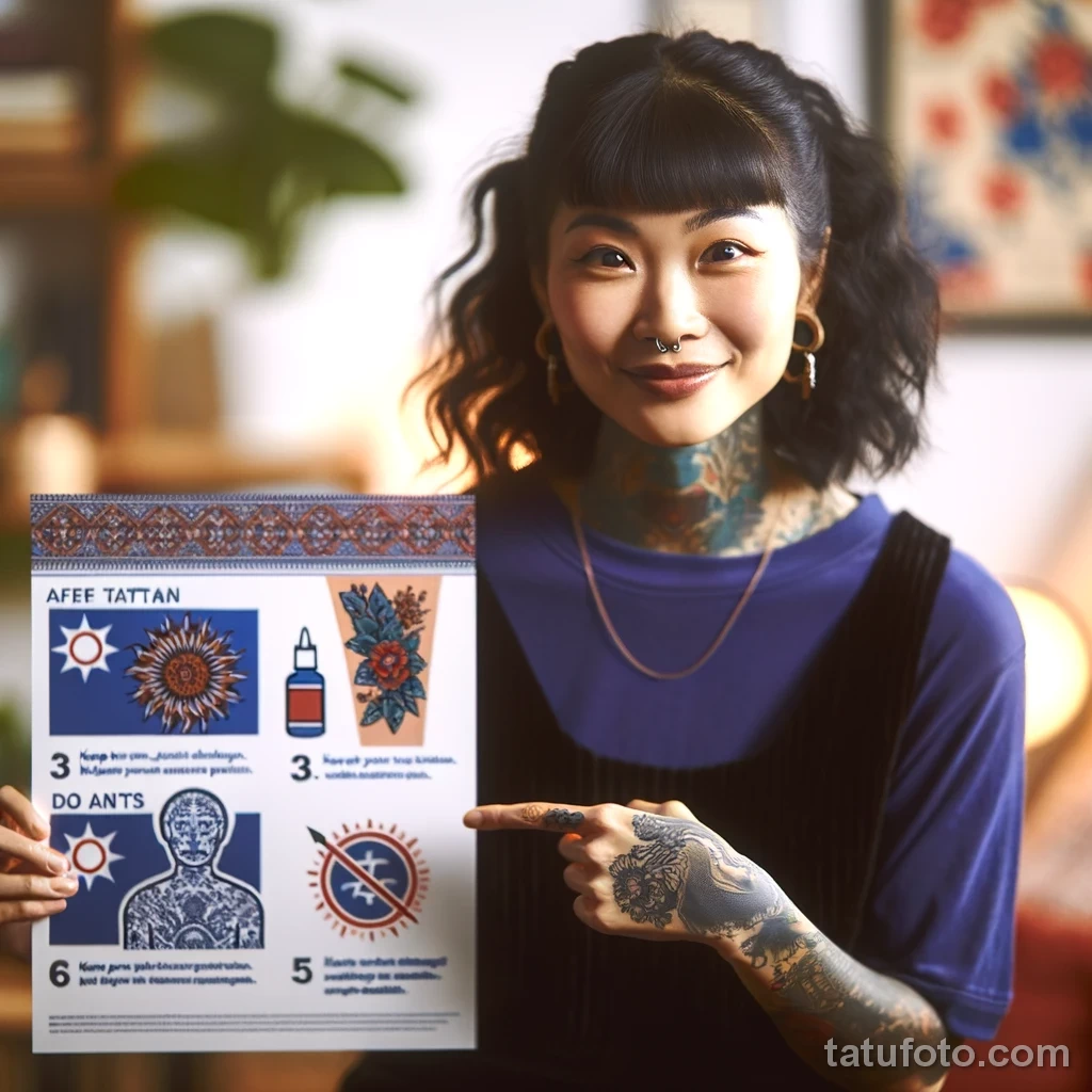 A beautiful woman with tattoos is demonstrating the safety rules and care procedures for tattoos 2 09112023 tatufoto.com 019