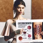 A beautiful woman with tattoos is displaying information about the likelihood of developing keloid scars, melanoma 2 09112023 tatufoto.com 021