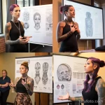 A beautiful woman with tattoos is displaying information about the likelihood of developing keloid scars, melanoma, or 1 09112023 tatufoto.com 022