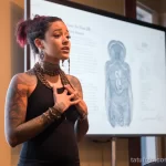 A beautiful woman with tattoos is displaying information about the likelihood of developing keloid scars, melanoma, or 3 09112023 tatufoto.com 024
