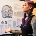 A beautiful woman with tattoos is displaying information about the likelihood of developing keloid scars, melanoma, or 5 09112023 tatufoto.com 026