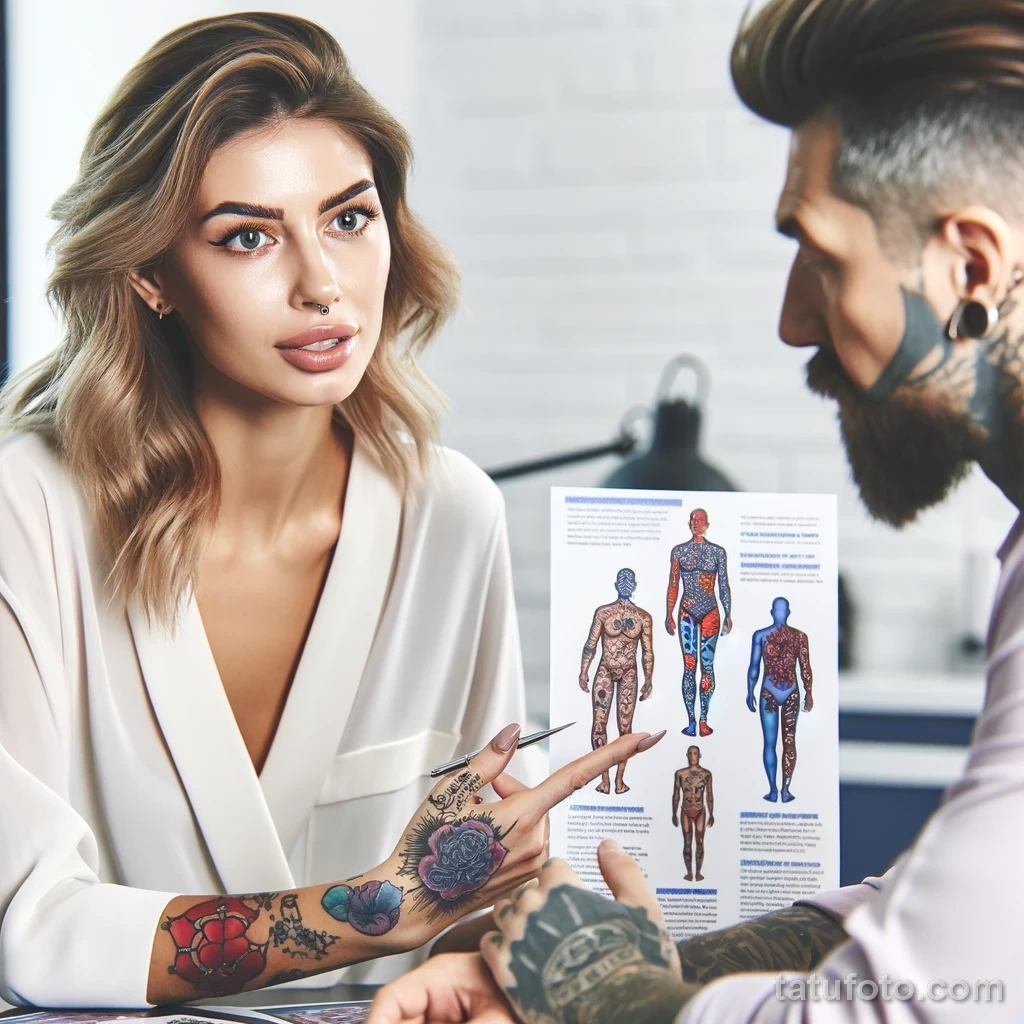 A beautiful woman with tattoos is explaining to a tattooed man the potential risks tattoos can pose to skin and health 2 09112023 tatufoto.com 028