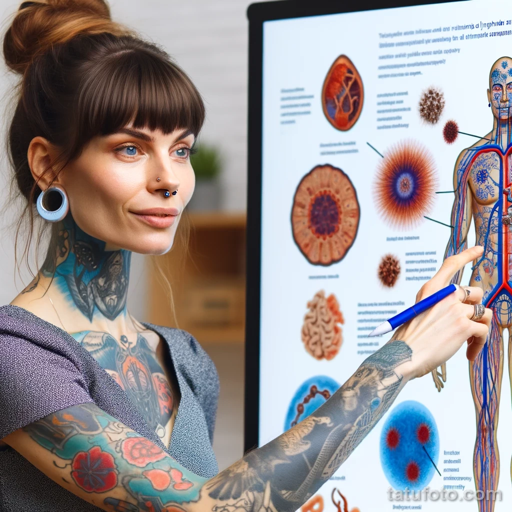 A beautiful woman with tattoos is presenting information on the impact of tattoo inks on the lymphatic system and immunity 1 09112023 tatufoto.com 029