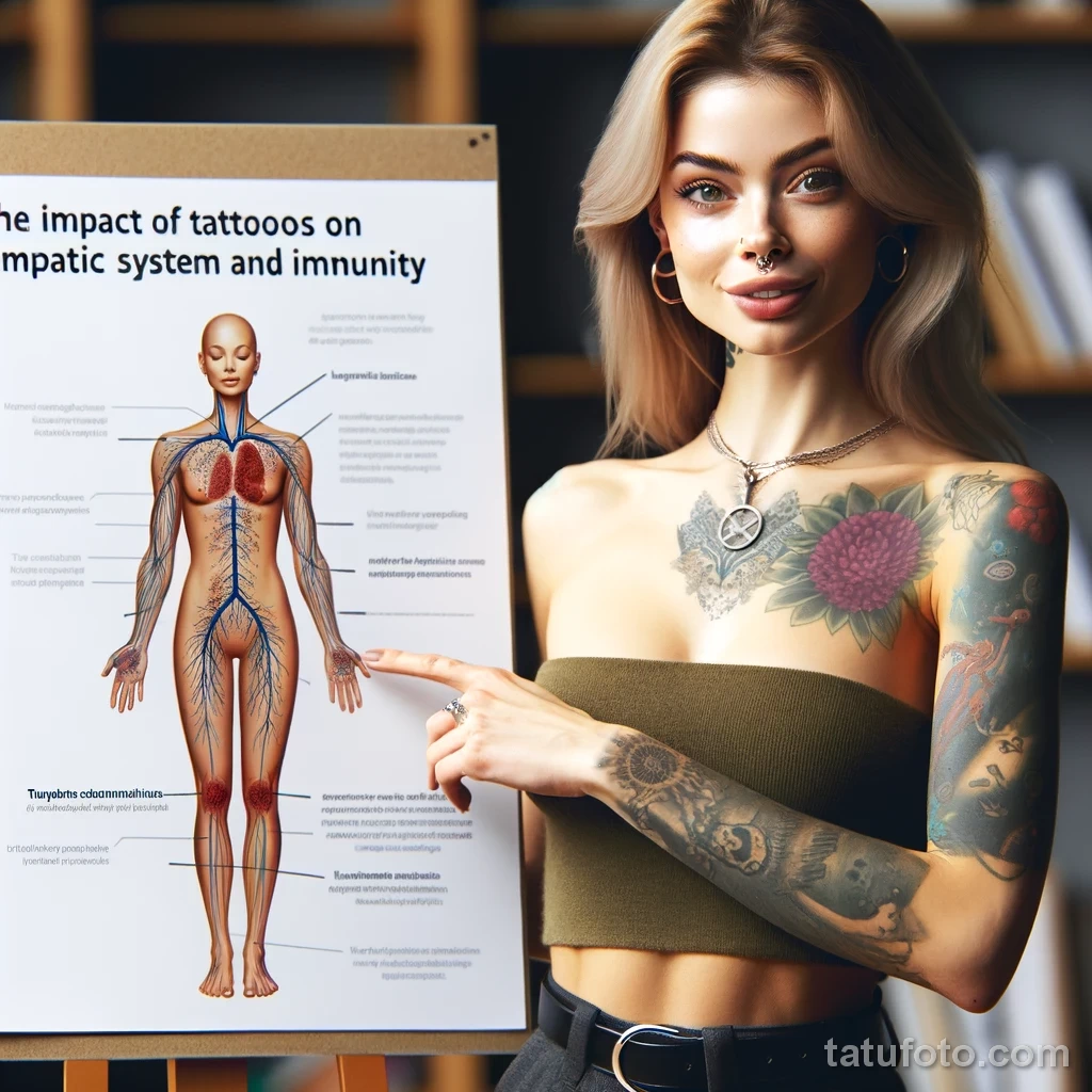 A beautiful woman with tattoos is presenting information on the impact of tattoo inks on the lymphatic system and immunity 2 09112023 tatufoto.com 030