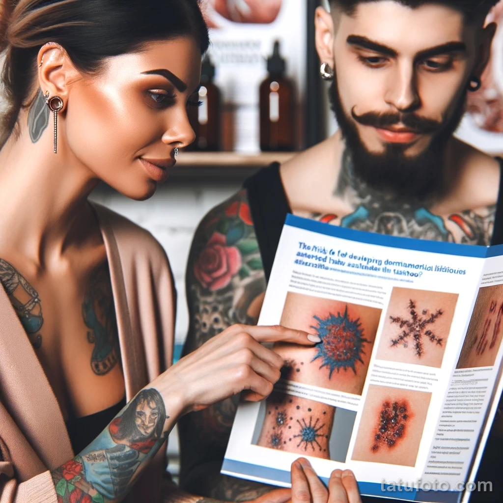 A beautiful woman with tattoos is showing a man with tattoos about the risk of developing dermatological issues associated with tattoos 1 09112023 tatufoto.com 033