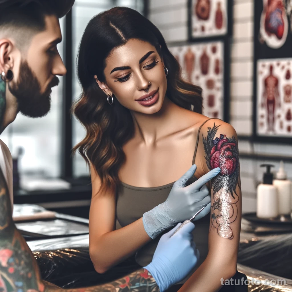 A beautiful woman with tattoos is showing a man with tattoos the short-term skin reactions after getting a tattoo, such as inflammation and healing 1 09112023 tatufoto.com 035