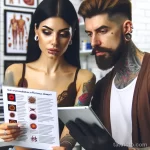 A beautiful woman with tattoos is showing a tattooed man the risks of infectious diseases such as hepatitis and HIV 2 09112023 tatufoto.com 037