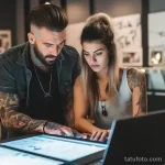 A beautiful woman with tattoos is showing a tattooed man the risks of infectious diseases such as hepatitis and HIV that can be associated with tattooing 2 09112023 tatufoto.com 039