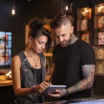 A beautiful woman with tattoos is showing a tattooed man the risks of infectious diseases such as hepatitis and HIV that can be associated with tattooing 3 09112023 tatufoto.com 040