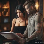 A beautiful woman with tattoos is showing a tattooed man the risks of infectious diseases such as hepatitis and HIV that can be associated with tattooing 4 09112023 tatufoto.com 041