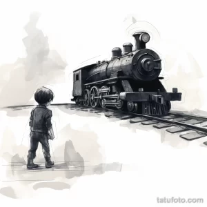 Фото тату: черно-белая татуировка с изображением мальчика, стоящего перед большим паровозом, выполненная в реалистичной манере.