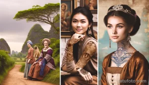 Фотография демонстрирует три девушки в исторических костюмах, расположенные в разных пейзажах, с татуировками на руках и шее.