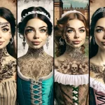 Фотография демонстрирует четыре девушки, одетые в костюмы разных исторических эпох, с татуировками, соответствующими их образам.