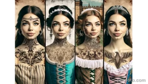 Фотография демонстрирует четыре девушки, одетые в костюмы разных исторических эпох, с татуировками, соответствующими их образам.