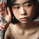 A girl delicately touching the sensitive skin near her tattoo, illustrating long-term sensitivity 1 09112023 tatufoto.com 054